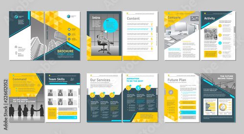 Brochure creative design. Multipurpose template with cover, back and inside pages. Trendy minimalist flat geometric design. Vertical a4 format.