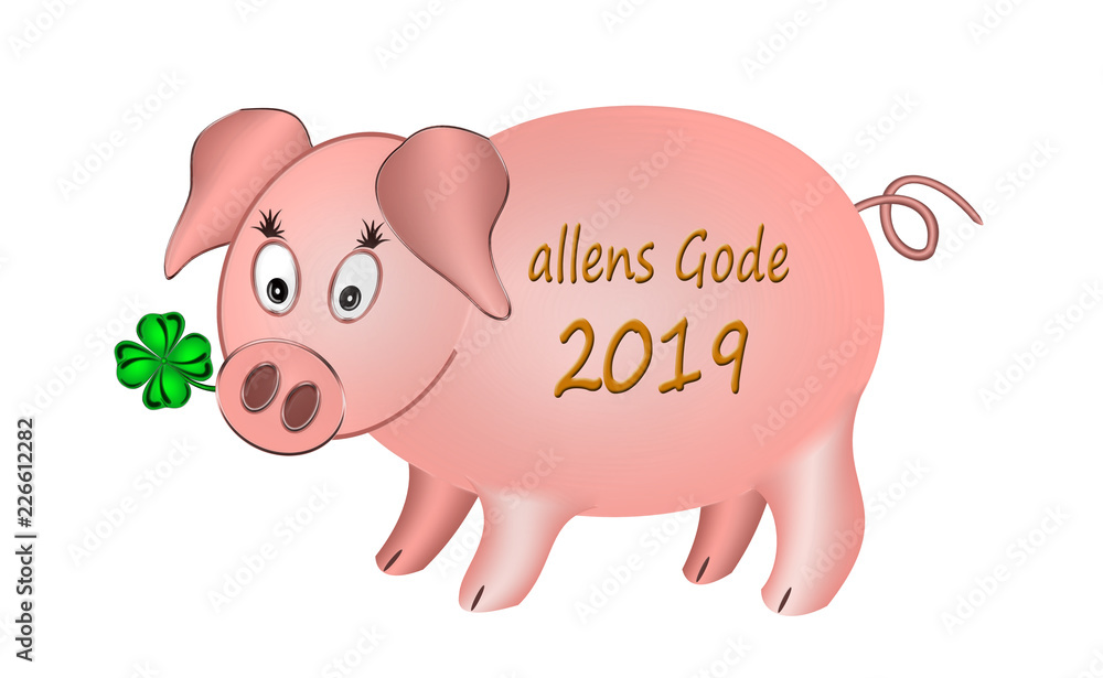 Allens Gode 2019, Glücksschwein mit Kleeblatt, plattdeutsch, weißer Hintergrund Allens Gode 2019, Glücksschwein mit Kleeblatt, plattdeutsch, weißer Hintergrund