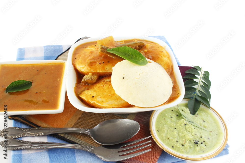 Popular South indian breakfast food Idly sambar or Idli rice and