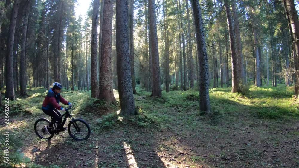 Slo mo. Female mountain biker riding on a forest trail in the sun. Slo mo. Female mountain biker riding on a forest trail in the sun.