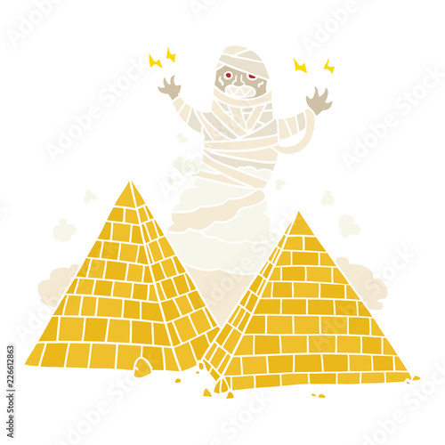 flat color style cartoon mummy and pyramids
