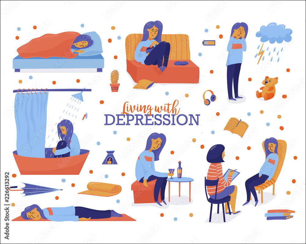 Living with depression set young unhappy woman sleeping, overeating