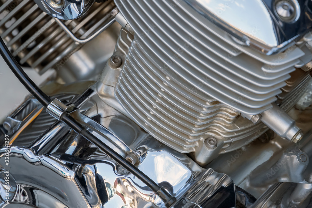 Close-up of a chromium-plated powerfull motorcycle engine