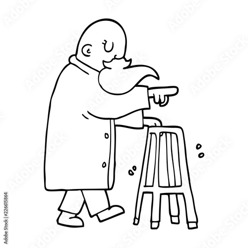 line drawing cartoon old man with walking frame