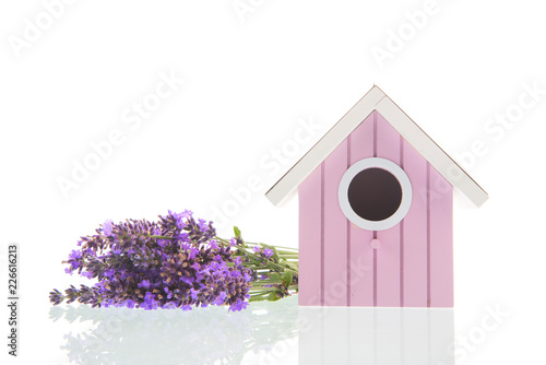 Fototapeta Naklejka Na Ścianę i Meble -  Bouquet Lavender with bird house on white background