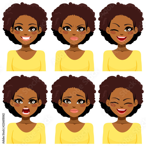 African American woman with different face expressions