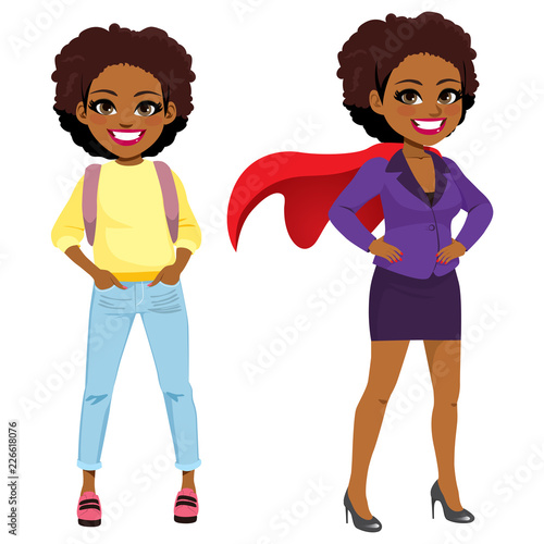 Young student African American girl transforming into super business woman