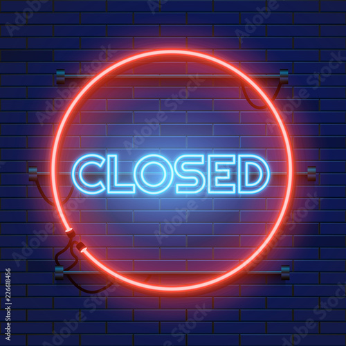 Neon closed sign in circle shape on a brick wall background. Vector illustration.