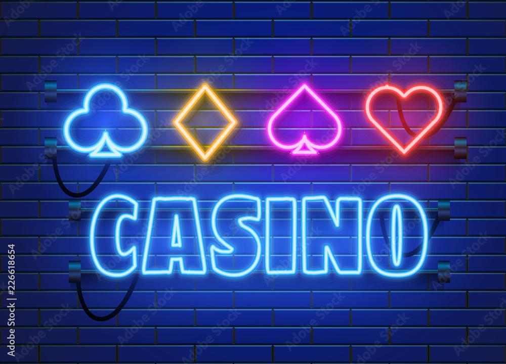 Obraz premium Neon lamp casino banner on wall background. Poker or blackjack card games sign. Las Vegas concept. Vector illustration.