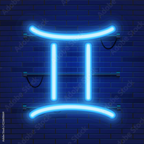 Blue shining cosmic neon zodiac Gemini symbol on brick wall background. Astrology concept. Vector illustration.