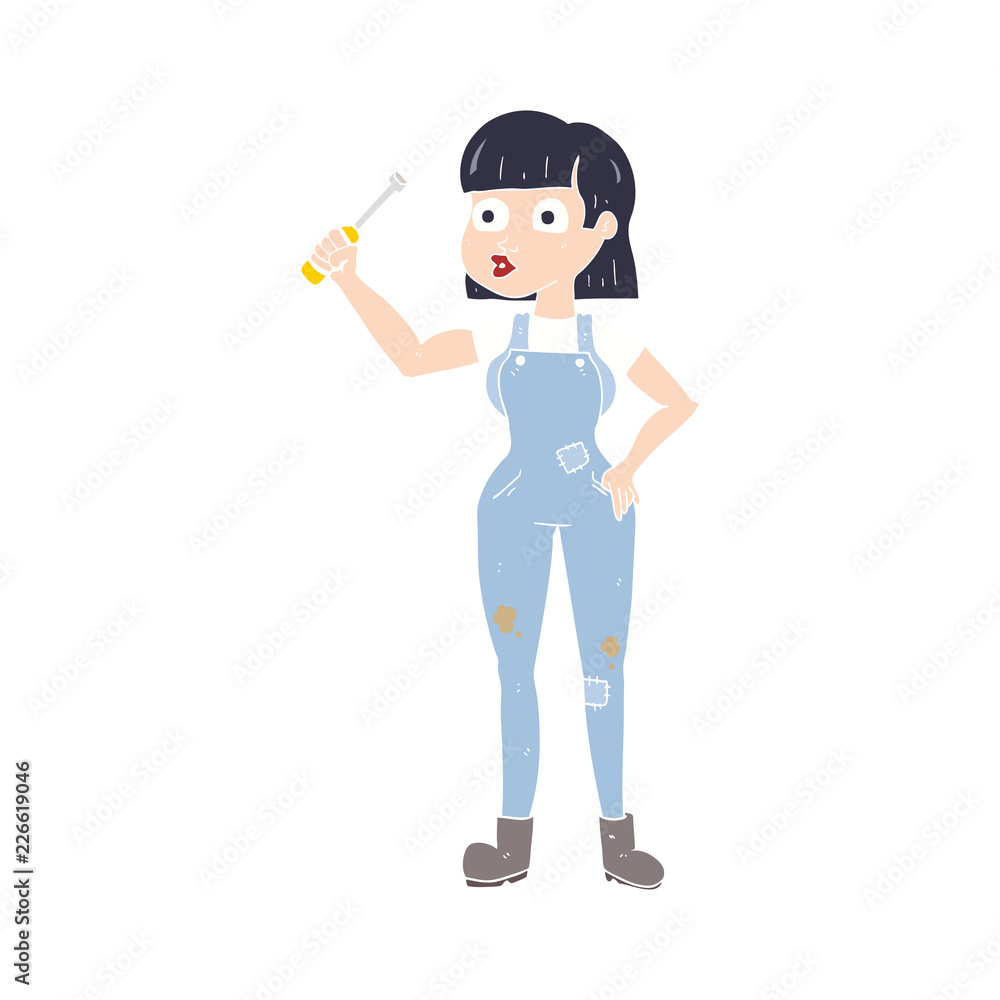flat color illustration of a cartoon female mechanic