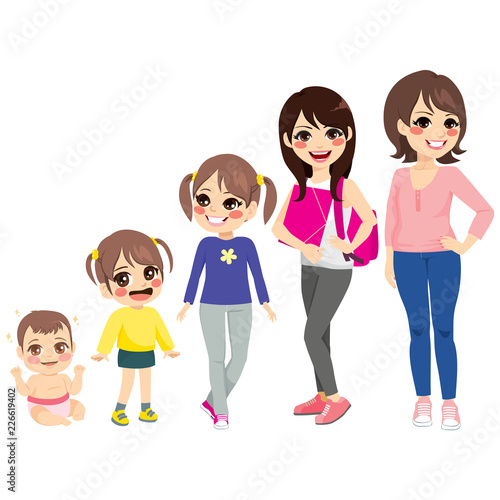 Woman growing stages from baby girl to adult