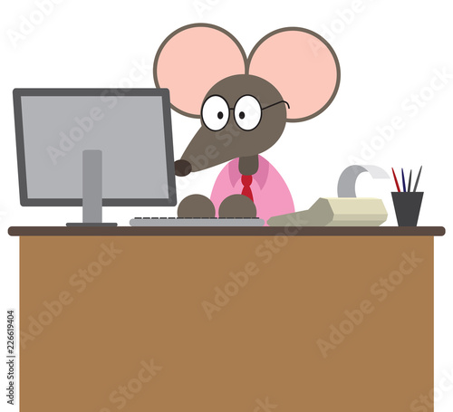 A flat vector cartoon mouse accountant is working on his computer