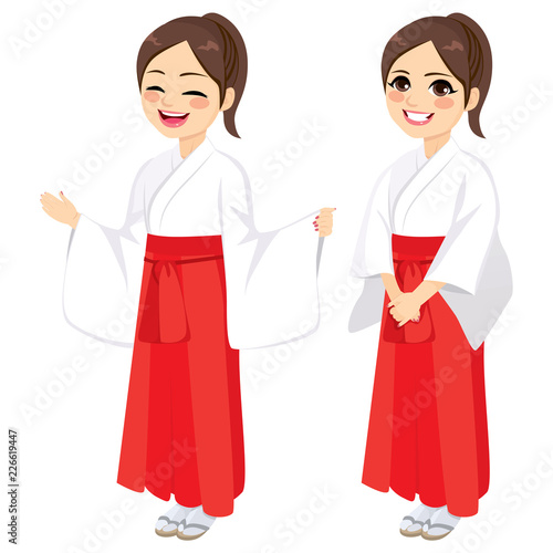 Japanese girl wearing traditional miko priestess ceremonial clothing dress