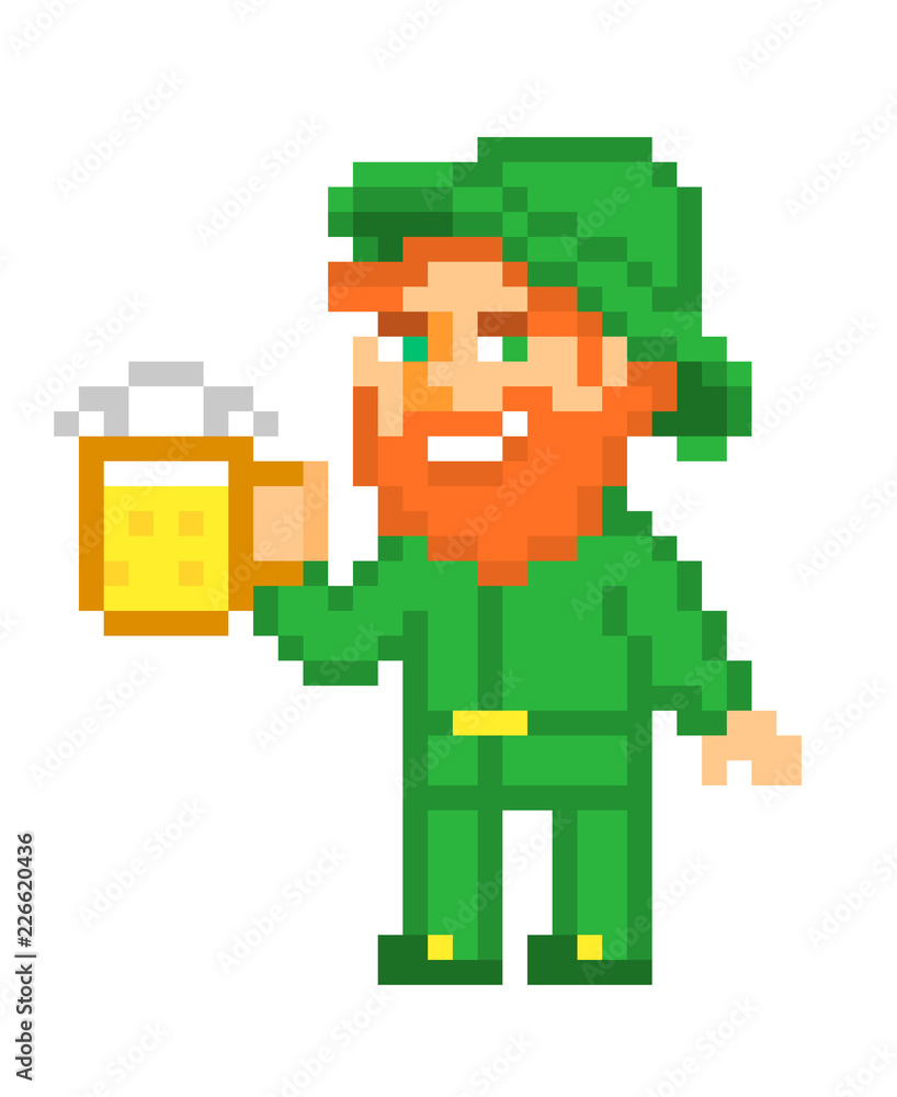 Leprechaun with a mug of beer, pixel art isolated on white background. Irish folklore character. St. Patrick's Day card. Old school 8 bit slot machine icon. 8 bit slot machine/video game graphics. Leprechaun with a mug of beer, pixel art isolated on white background. Irish folklore character. St. Patrick's Day card. Old school 8 bit slot machine icon. 8 bit slot machine/video game graphics.