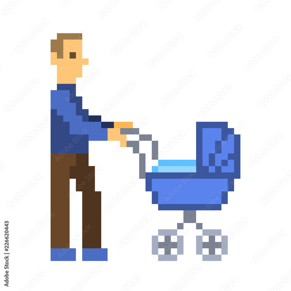 Father walking with a baby in a stroller, pixel art character isolated on white background.8 bit parenthood logo.Old school retro 80s; 90s slot machine/video game graphics.Dad with a newborn in a park