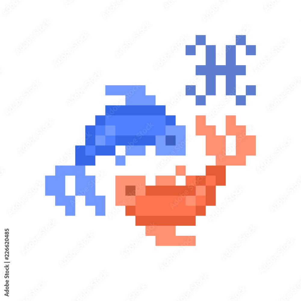 Pisces Zodiac sign icon, 8 bit pixel art fishes isolated on white background. Astrological symbol. Esoteric science logo. Horoscope emblem. Pisces Zodiac sign icon, 8 bit pixel art fishes isolated on white background. Astrological symbol. Esoteric science logo. Horoscope emblem.