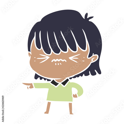 annoyed flat color style cartoon girl making accusation