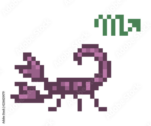 Scorpio Zodiac sign icon, 8 bit pixel art scorpion isolated on white background. Astrological symbol. Esoteric science logo. Horoscope emblem.