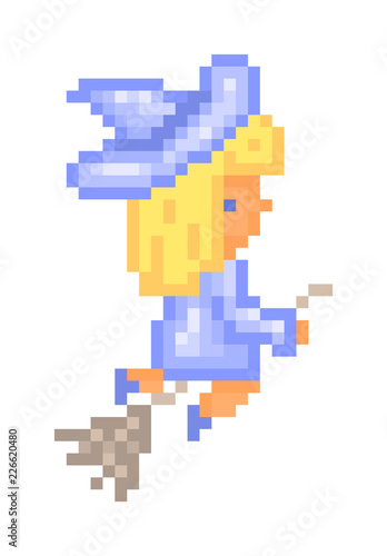 Little witch in a blue dress and hat flying on a broom to the sabbath, pixel art illustration. Halloween party character isolated on white. Magic Walpurgis Night creature.8 bit video game graphics.