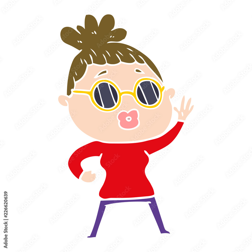 flat color style cartoon waving woman wearing sunglasses