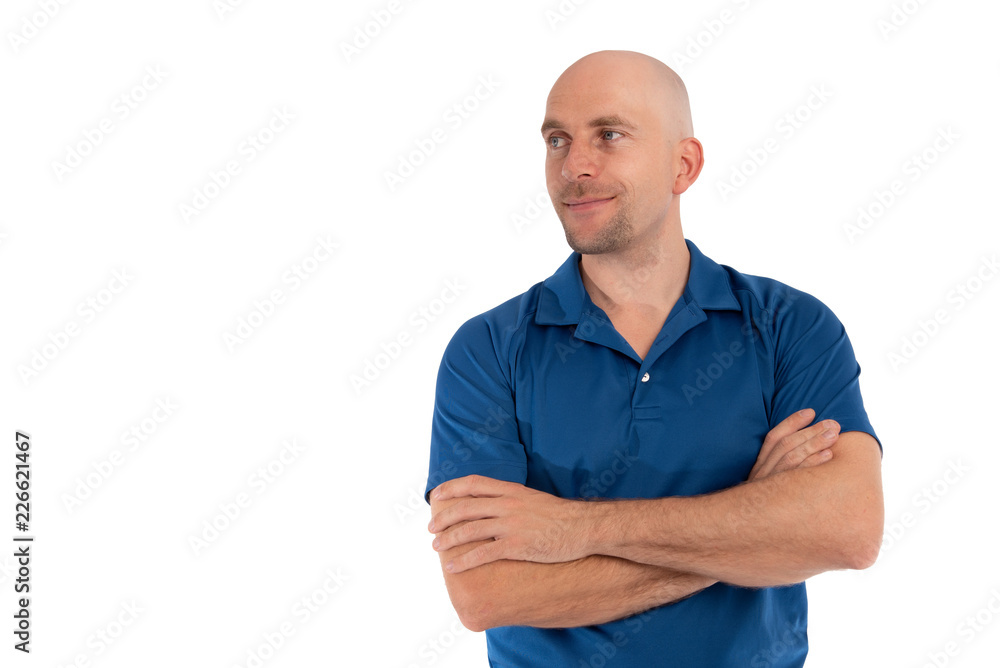 Portarit von einem Mann mit Glatze mit weißem Hintergrund Portarit von einem Mann mit Glatze mit weißem Hintergrund
