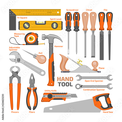 Hand tool vector construction handtools hammer pliers and screwdriver of toolbox illustration workshop set of carpenters spanner and hand-saw isolated on white background