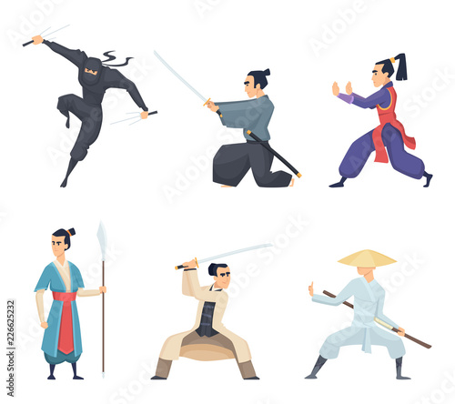Asian fighter. Man holding katana traditional japan weapon sword samurai ninja vector characters isolated. Samurai japanese with katana, asian fighter illustration