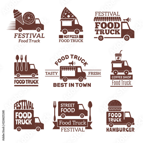 Food truck logo. Street festival van fast catering outdoor kitchen vector labels and badges monochrome style. Illustration of festival delivery street, restaurant van badge