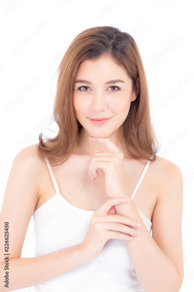 Portrait of beautiful woman asian makeup of cosmetic, girl hand touch chin and smile attractive, face of beauty perfect with wellness isolated on white background with skin healthcare concept. Portrait of beautiful woman asian makeup of cosmetic, girl hand touch chin and smile attractive, face of beauty perfect with wellness isolated on white background with skin healthcare concept.