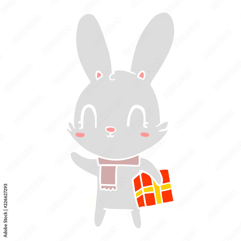 cute flat color style cartoon rabbit with christmas present cute flat color style cartoon rabbit with christmas present