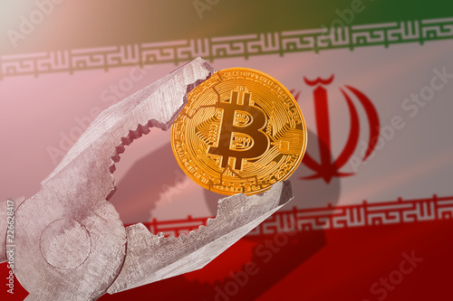 Bitcoin regulation in Iran; bitcoin btc coin being squeezed in vice on Iran flag background; limitation, prohibition, illegally, banned	