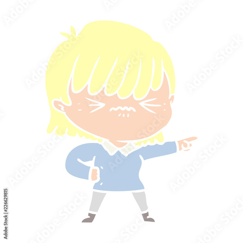 annoyed flat color style cartoon girl pointing