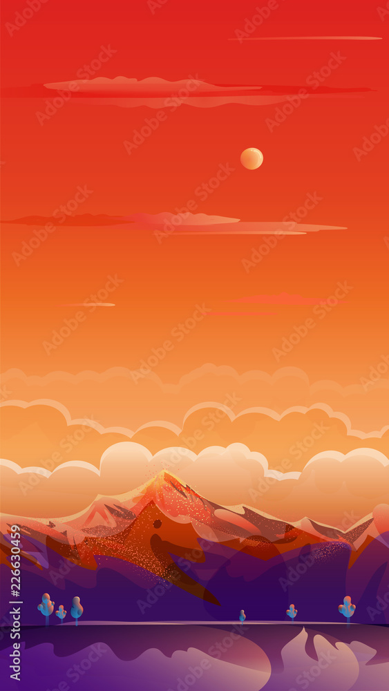 Sunset Summer Rocky Mountain landscape drawing, travel, voyage, adventure  in nature wallpaper, landing page background, beautiful illustration Stock  Illustration | Adobe Stock