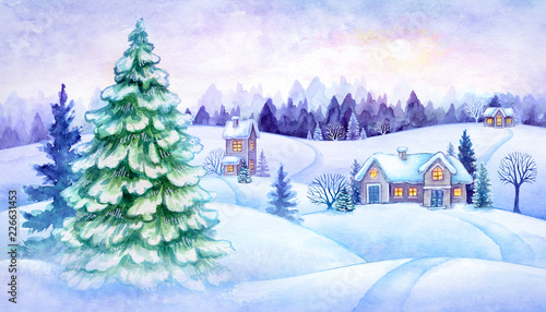 winter countryside view, Christmas fir trees, fairy tale village, snowy forest, rural landscape panorama, vintage greeting card, watercolor illustration