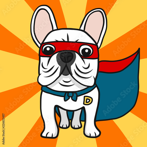 Super French Bulldog cartoon vector illustration doodle style