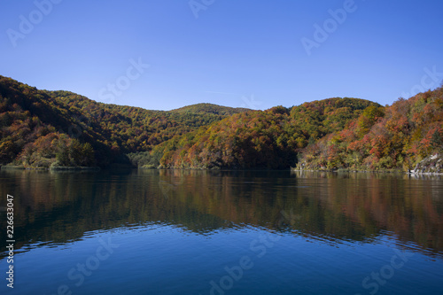 Sunny autumn day on Plitvice lakes national park in Croatia