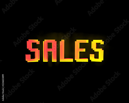 The word Sales made in pixel art style. Shiny electronic futuristic techno effect in yellow and red color. Isolated on black background. For Black Friday etc