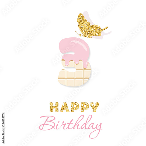 Happy birthday greeting card with chocolate number 3 and glitter butterfly. Three years little girl anniversary. Trendy minimalistic design.