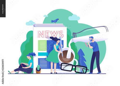 Business series, color 3 -news or articles -modern flat vector illustration concept of people preparing coffee with milk and woman reading news on phone, glasses. Creative landing page design template