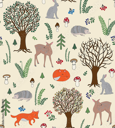 seamless vector repeat pattern with forest animals on cream background with beautiful trees, mushrooms, botanical plants and berries. Cute harvest woodland backdrop