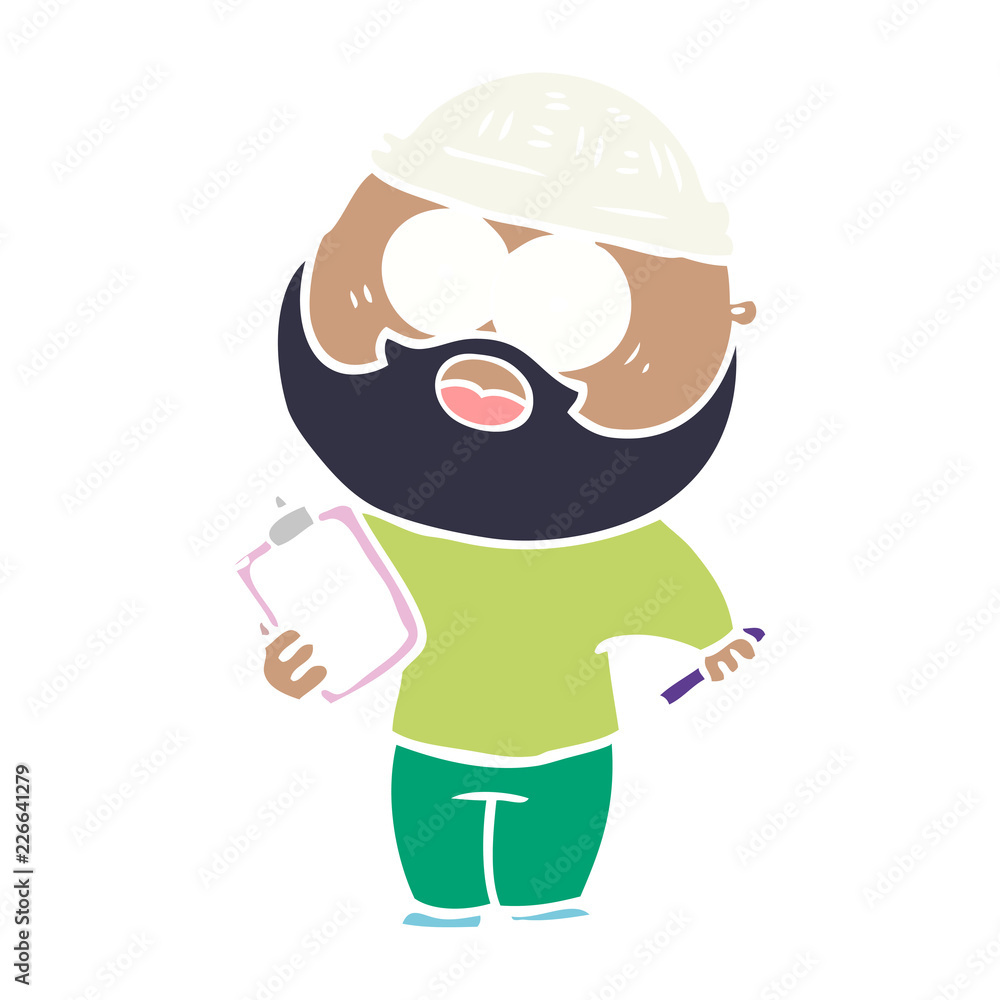 flat color style cartoon bearded man with clipboard and pen flat color style cartoon bearded man with clipboard and pen