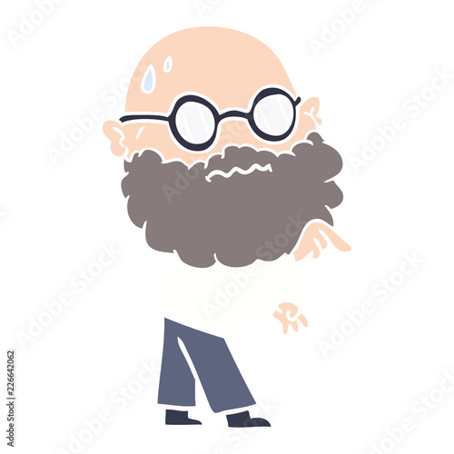 flat color style cartoon worried man with beard and spectacles pointing finger