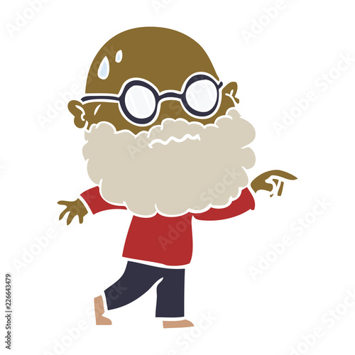 flat color style cartoon worried man with beard and spectacles pointing finger