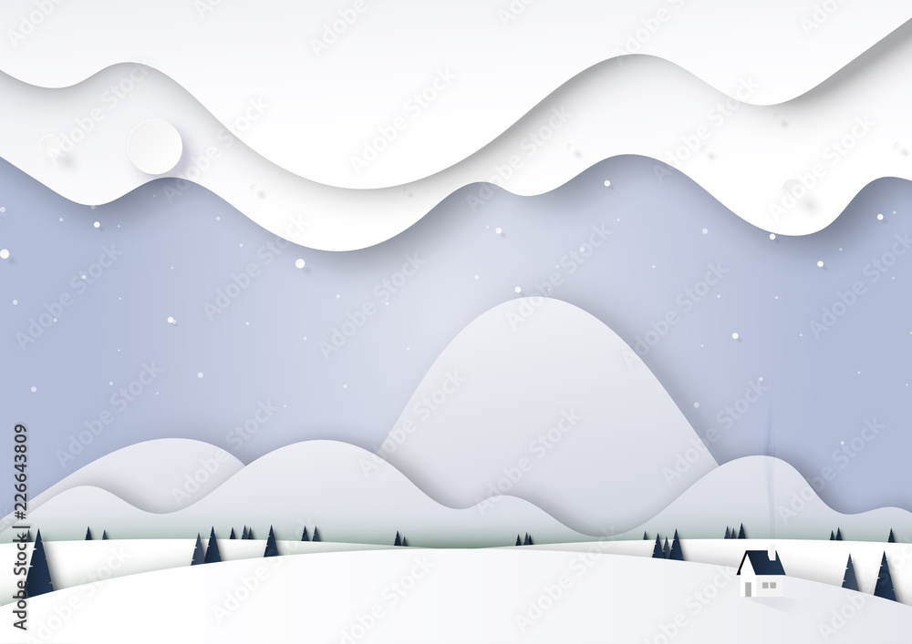 Winter season landscape with snow,house,pine tree and mountains for merry christmas and happy new year background paper art style.Vector illustration.