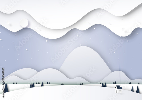 Winter season landscape with snow,house,pine tree and mountains for merry christmas and happy new year background paper art style.Vector illustration.