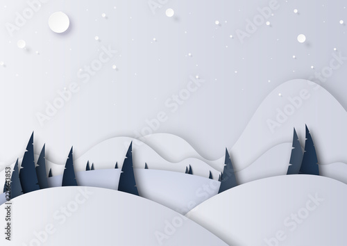 Winter season landscape with snow,pine forest and mountains for merry christmas and happy new year background paper art style.Vector illustration.