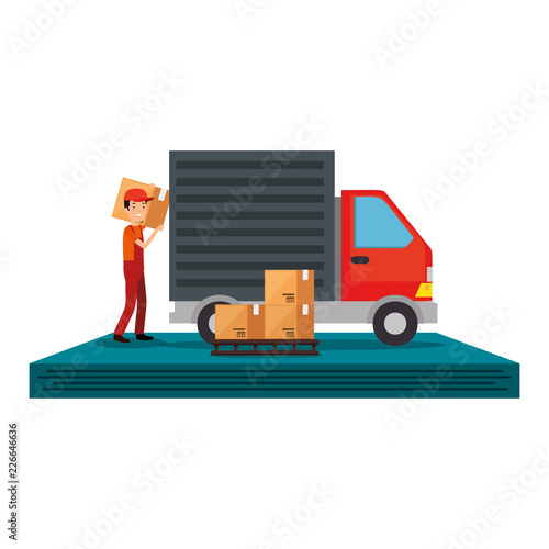 delivery worker with boxes and truck