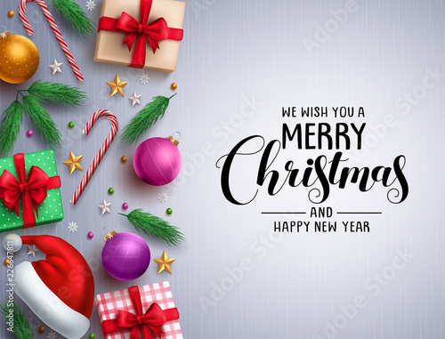 Christmas vector background template. Merry christmas greeting typography in a white space with colorful elements and decorations. Vector illustration.
