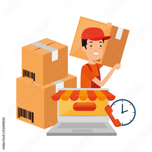 delivery worker with boxes and laptop